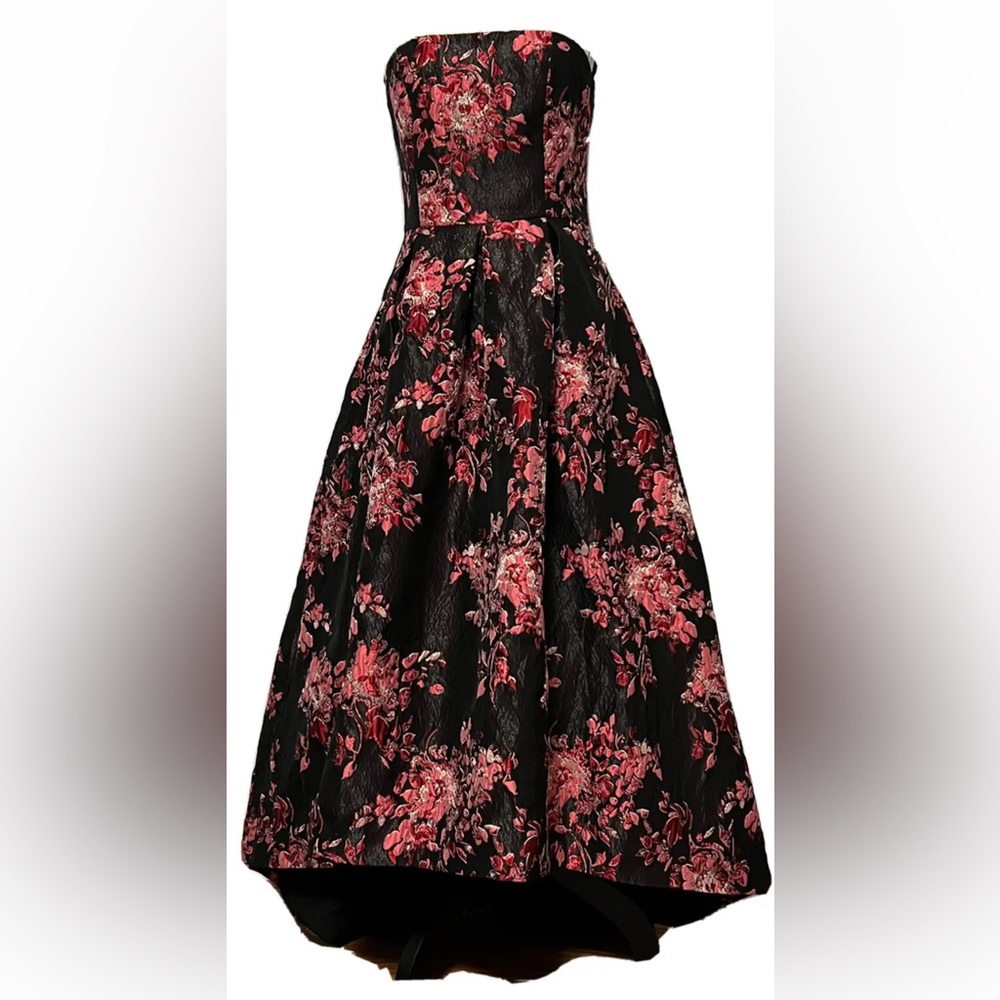 Hutch Black Strapless High-Low Dress with Pink Floral Jacquard